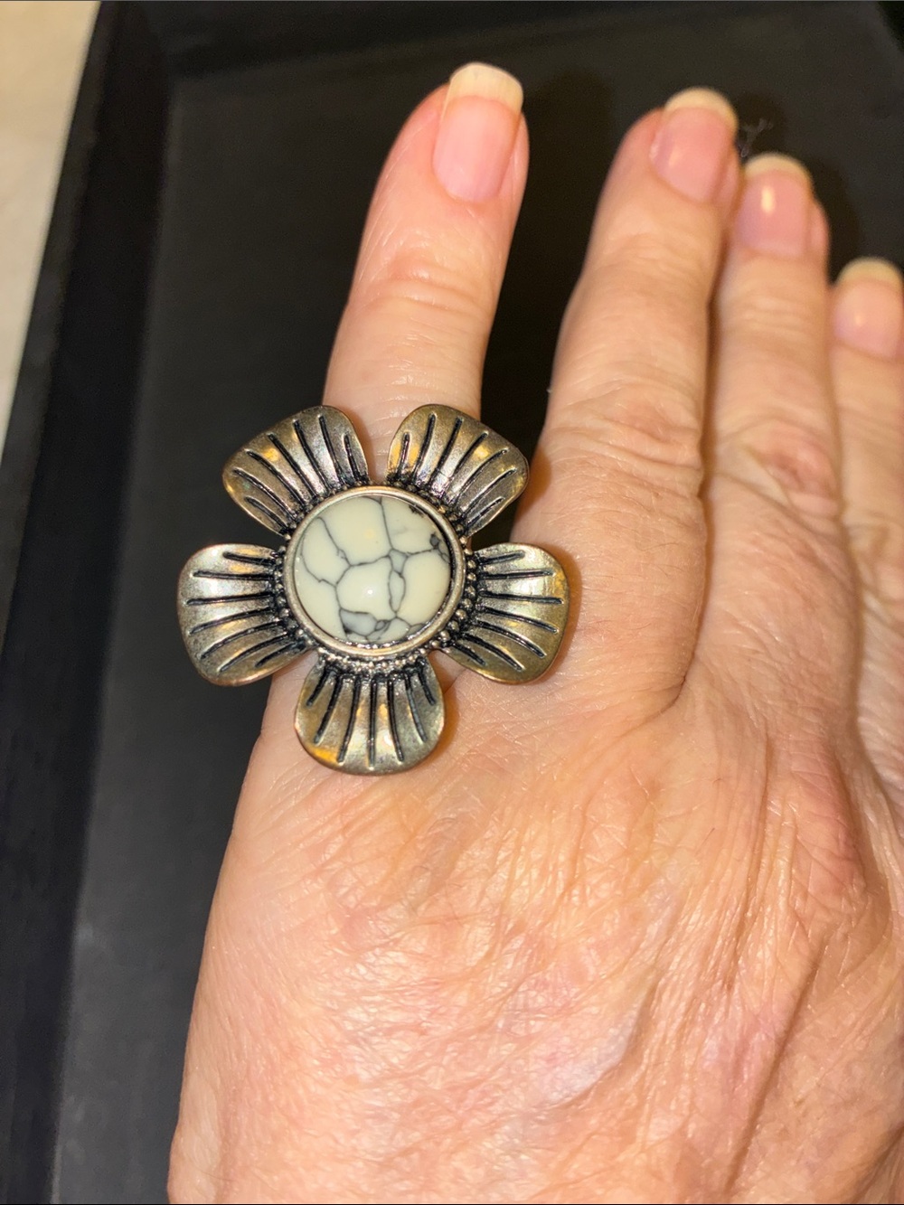 Vintage-Inspired Flower Statement Adjustable Ring - White Stone